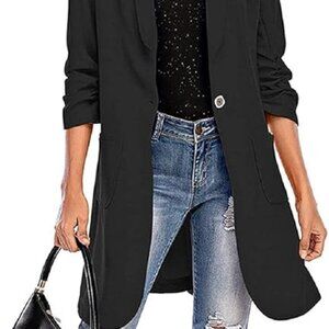Women's Casual Long Blazers Ruched 3/4 Sleeve Lapel Oversized Suit Jacket